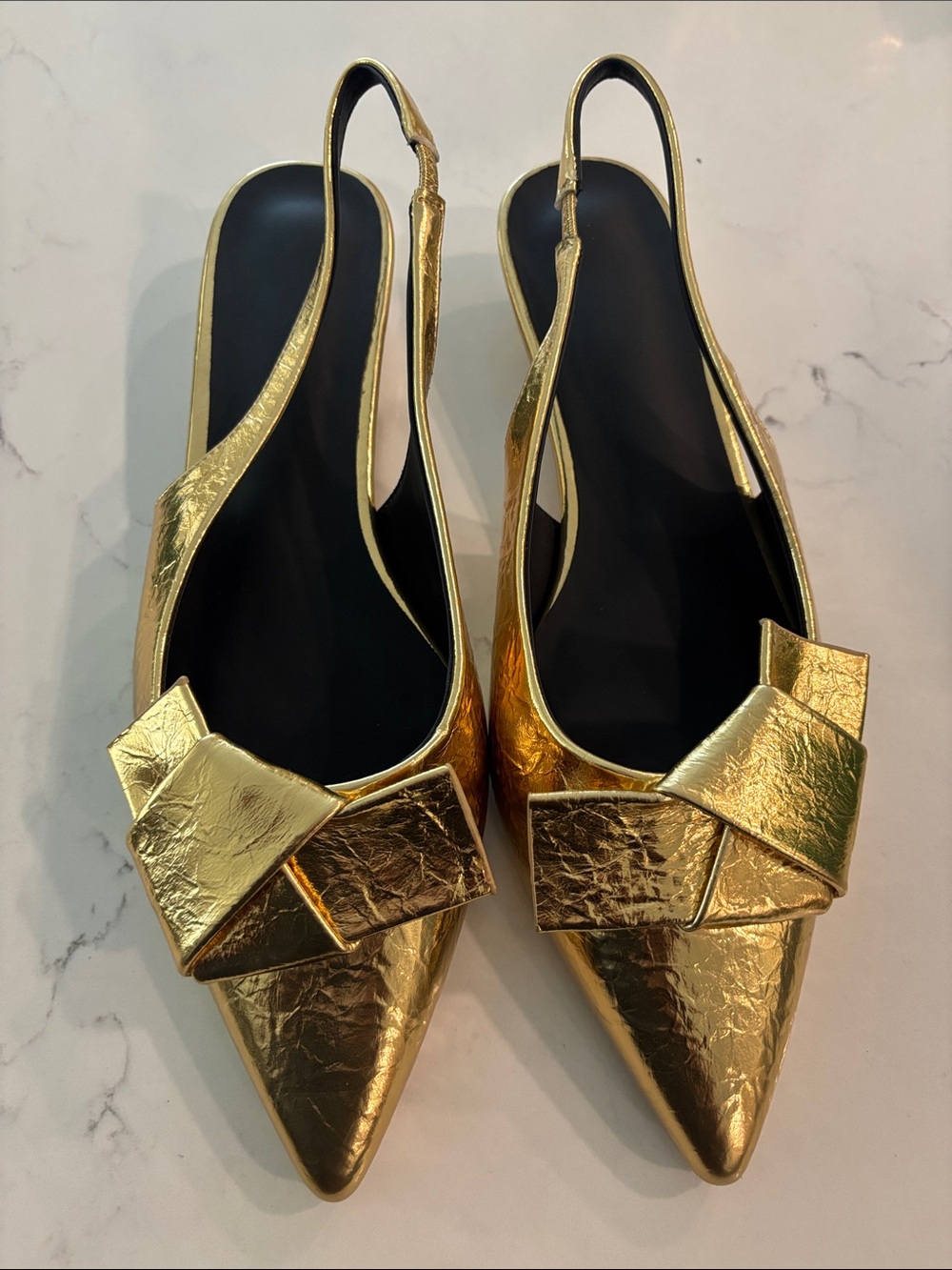New Gold Pointed Slingback Flats with Decorative Bow